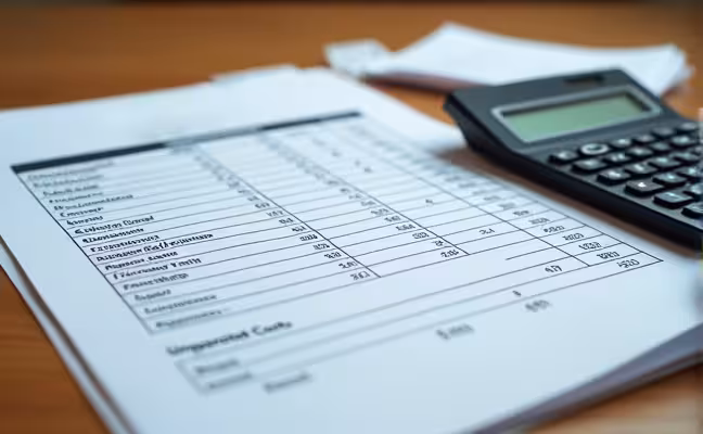 A detailed spreadsheet lying open on a wooden desk, showcasing a well-planned budget for a home renovation. The spreadsheet contains different columns for materials, labor, permits, and a separate column labeled 'Unexpected Costs'. Various receipts and a calculator are scattered around the spreadsheet, symbolizing the process of budget planning