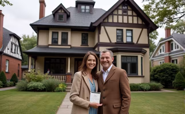 A couple standing proudly in front of a restored historic house in Toronto, the house displaying a blend of traditional architecture and modern elements, with the couple holding period-appropriate materials