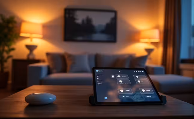 A cozy living room in the evening, illuminated by an intelligent lighting system, casting a warm glow on the modern furniture. The system's control interface is visible on a sleek tablet resting on the coffee table, displaying various lighting settings