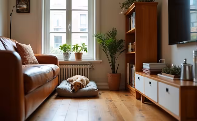 A cozy living room with hardwood flooring and leather sofa, featuring a designated sleeping area for a pet with a stylish dog bed that blends with the room decor, and a wooden cabinet nearby storing neatly arranged pet supplies