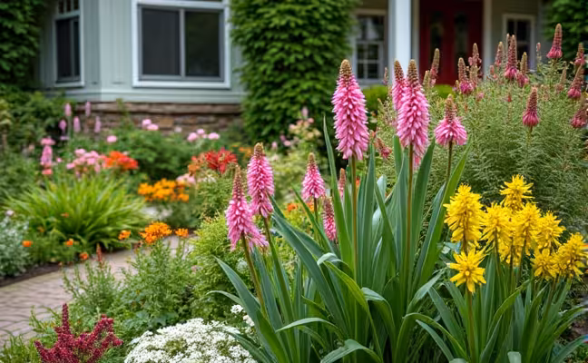 A diverse garden filled with native plants of varying colors and sizes, blooming at different times against the backdrop of a traditional home. The image should capture the vibrant, resilient plants in their natural thriving state, contributing to a lively, colorful garden that boosts the home's curb appeal