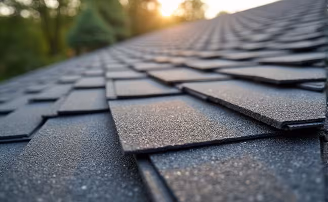 An image showcasing a variety of Asphalt Shingles in different colors and styles, laid out on a suburban house roof, with a few shingles appearing slightly damaged from weather conditions, hinting at the shorter lifespan of the material