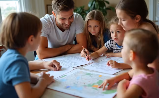 A family gathered around a table, studying a disaster preparedness plan that includes a map of evacuation routes, emergency contact numbers, and a checklist of things to secure in the home during extreme weather, with visible items like ropes for securing loose objects, utility shut-off tools, and materials for sealing windows and doors