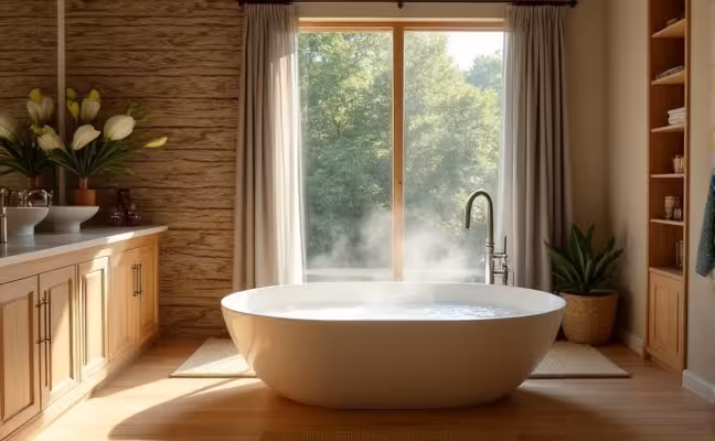 A serene, spacious bathroom featuring natural elements like a stone wall, wooden cabinets, and a bamboo mat on the floor. The color scheme consists of soothing earthy tones, and a large freestanding bathtub is the focal point, filled with gently steaming water