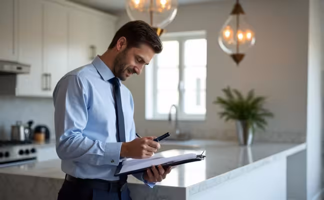 A professional appraiser in Toronto, dressed in formal attire, examining a renovated home. He's inspecting the kitchen with a clipboard in hand, jotting down notes about the new marble countertops, modern appliances, and elegant light fixtures