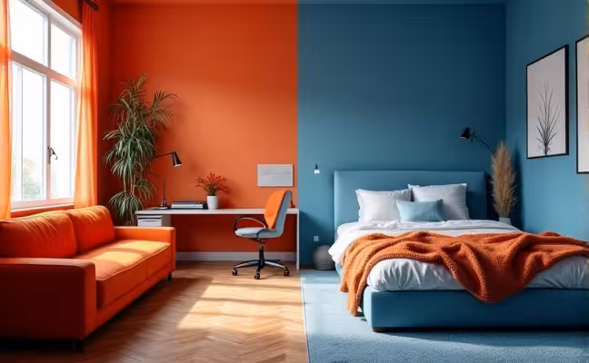 An image showing a warm-toned living room with primarily red and orange decor, reflecting a sense of warmth and comfort, contrasted with a cool-toned bedroom painted in shades of blue, exuding a calm and relaxing atmosphere