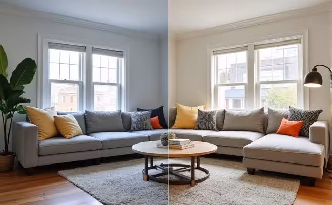A comparison image of two living rooms in Toronto, one showcasing a professional renovation with high-end finishes, advanced tools, and modern trends, and the other depicting a DIY renovation with simple tools and personal touches, demonstrating the difference in quality between professional and DIY work
