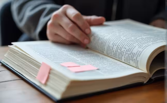 An image of a homeowner in Toronto sitting at a desk, deeply engrossed in reading a thick booklet labeled 'HOA Rules' with highlights and sticky notes on some of the pages, indicating the process of understanding the specific HOA rules before commencing renovation