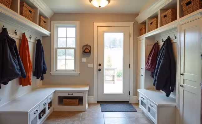 A well-organized mudroom interior featuring built-in cabinets, open shelves, hooks for hanging coats and bags, a shoe rack, and personalized lockers for each family member. The room is lit by natural light from a window and artificial light from a ceiling fixture, and features a durable ceramic tile floor. A bench with storage underneath is placed conveniently near the door