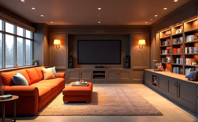 A 3D visualization of a spacious, well-lit basement remodel, featuring a comfy seating area, a home theater setup with large screen and surround sound speakers, along with built-in shelving filled with books and games. The walls are finished with moisture-resistant drywall, and the flooring is a mixture of stained concrete and plush area rugs. The color scheme is vibrant yet cozy, with soft furnishings and decor elements that reflect the intended use of the space