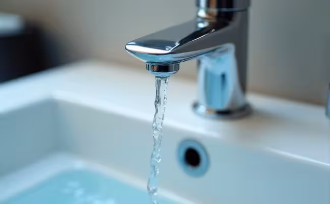 A close-up of a dripping bathroom faucet with a shiny chrome finish, set against a modern sink and counter, emphasizing the water droplets falling into the sink below