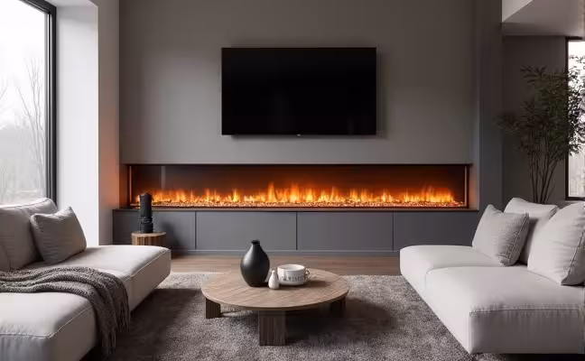 A sleek and contemporary living room with a modern linear fireplace installed at eye level, featuring a long and rectangular design with customizable flame color and heat output options