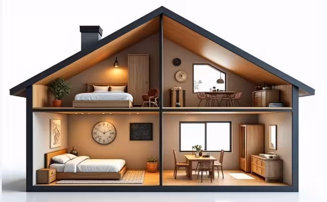 A detailed cross-sectional view of a house, highlighting different rooms with various flooring types: a plush carpet in a cozy bedroom, glossy ceramic tiles in a busy kitchen, and waterproof vinyl in a sleek bathroom