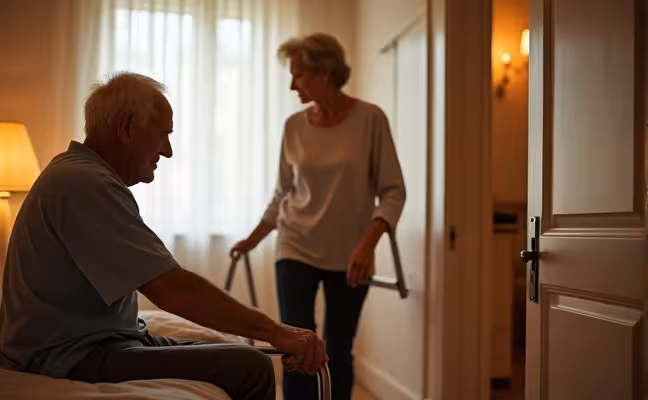 An elderly couple in a warmly lit room, the man is sitting on the edge of a bed, about to stand up by using a stylish metal grab bar that matches the room's decor, while the woman is walking towards a door with a lever-style doorknob, a small motion sensor light illuminating her path