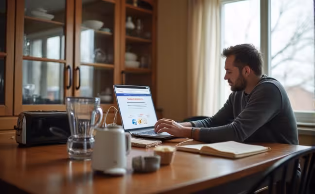 A stressed homeowner sitting at a dining table covered with broken appliances like a toaster, blender, and coffee maker, with a computer opened to a home warranty website, showcasing the relief brought by warranty coverage