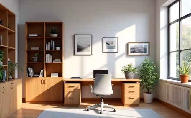 A well-lit, spacious home office with a large wooden desk at the center, a comfortable ergonomic chair, open and closed storage cabinets, a laptop on the desk, a few framed pictures on the wall, and a couple of indoor plants for a touch of greenery