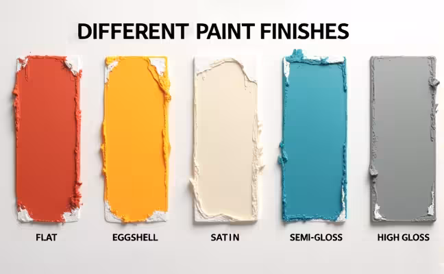 A detailed infographic that visually explains the different types of paint finishes, including flat, eggshell, satin, semi-gloss, and high gloss. Each paint finish should be depicted on a different wall segment, showcasing its unique properties, including reflectiveness, durability, and ability to hide or highlight wall imperfections