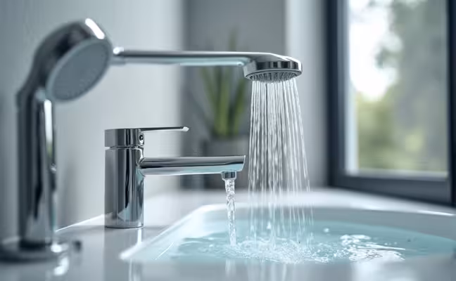 A modern bathroom interior with a sleek, low-flow faucet and showerhead, showcasing water pouring out at a regulated pace. The focus should be on the faucet and showerhead, highlighting their unique design that reduces water usage