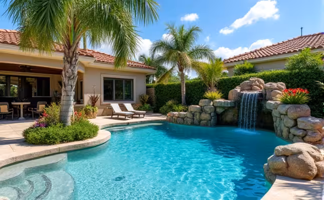 An image showcasing a luxurious and beautifully designed swimming pool in a high-end neighborhood, with crystal clear water and surrounded by tropical plants, decorative rocks, and a waterfall, adding significantly to the property's value and aesthetics