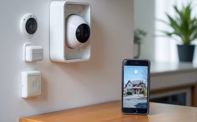 A modern home security system installed on a wall, complete with motion sensors, alarms and surveillance cameras, and a smartphone on a table displaying a live surveillance feed, symbolizing remote monitoring and control of the system