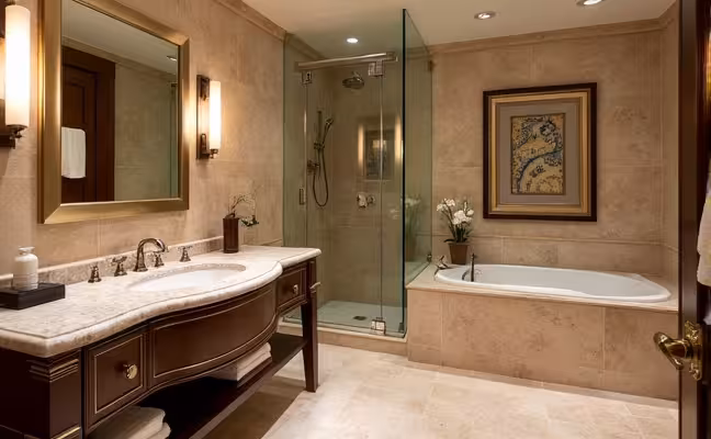 A luxurious bathroom interior showcasing high-quality materials such as a glossy marble countertop, an elegant granite sink, and hand-painted ceramic tiles on the walls, complemented by custom-made metallic fixtures