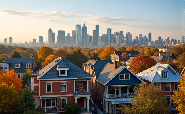 A panoramic view of Toronto transitioning from summer to fall, with homes under renovation highlighting the shoulder seasons as the ideal time for home improvement projects. Include construction workers on ladders, roofs, and scaffolding, with a mix of indoor and outdoor renovations, demonstrating the balance between weather conditions and contractor availability