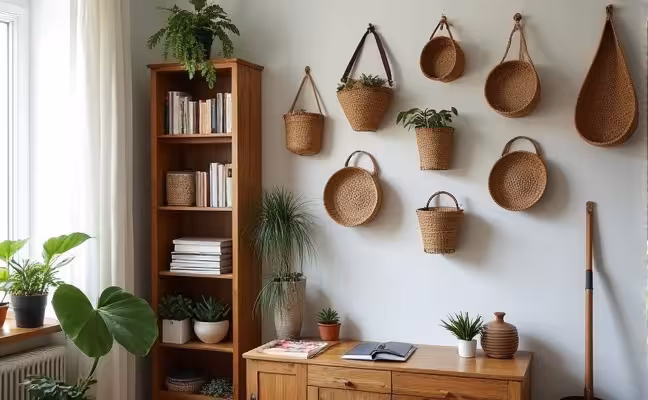 An image of a small, cozy room with a tall, skinny cabinet in the corner filled with books and plants, and a wall lined with hanging baskets showcasing various everyday items. The room should have a minimalist design, emphasizing the vertical spaces used for storage