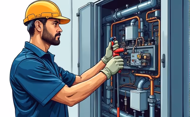 A detailed illustration of a technician conducting a regular maintenance check on an HVAC system, focusing on the minor issues that could develop into serious problems. The technician should be equipped with professional tools and the HVAC system should be depicted as a complex machine, highlighting the importance of expert maintenance