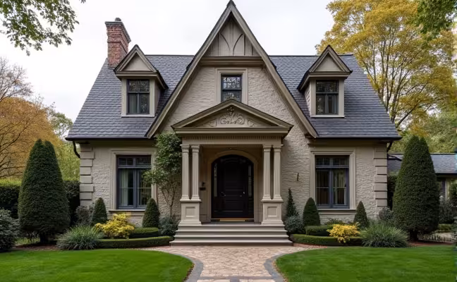 A Victorian-style house with a mismatched sleek, minimalist door, illustrating how certain styles of front doors might not suit traditional homes. The house should be intricately designed, while the door is simple and ultra-modern, creating a noticeable contrast
