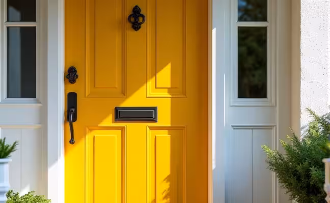 A vibrant, well-maintained front door in a hue that complements the house color, adorned with a stylish new doorknob and door knocker, surrounded by a clean and welcoming entryway