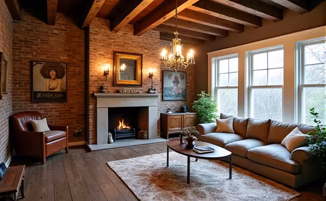 A vintage style living room in a Toronto home, featuring reused wooden beams and salvaged bricks, with an antique chandelier casting a warm glow over the room. The furniture is made of recycled materials, and the room has large, double-glazed windows allowing natural light to flood in