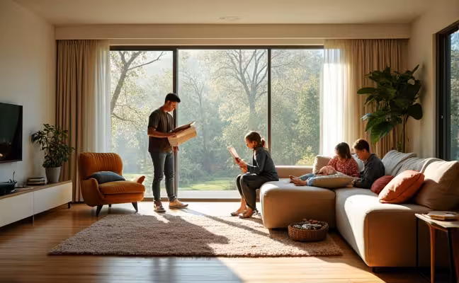 An open-concept living room with large windows, where family members are engaging in different activities such as reading, cooking, and playing, showcasing the enhanced social interaction and the abundance of natural light