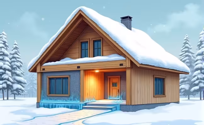 An illustration of a cross-section of a house during winter, showing a warm attic causing snow on the roof to melt and form an ice dam at the eave. The image should include layers of snow on the roof, melting water trickling down between the snow and the shingles, and a frozen ice dam at the eave