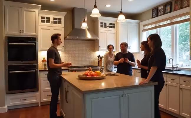 A bustling open plan kitchen filled with guests, showcasing a functional kitchen island in the center with ample counter space, a double oven, well-placed appliances, and bright under-cabinet lighting