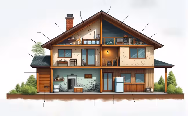 A detailed cross-section of a house showing various home inspection problems, such as leaking faucets in the bathroom, an outdated electrical panel in the basement, missing shingles on the roof, cracks in the foundation, a malfunctioning HVAC system, poor insulation in the attic, mold growth in the kitchen, a termite infestation in the wooden structures, signs of water damage on the walls, and an old refrigerator in the kitchen