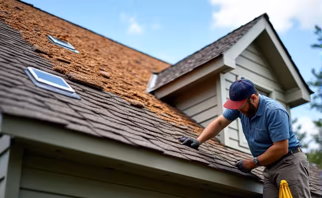 A detailed image of a home undergoing an inspection, with a professional inspecting a roof with loose shingles, checking for signs of water damage, and examining the foundation for cracks