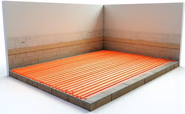 A cutaway illustration of a room showcasing the installation of radiant floor heating beneath different types of floor coverings like wood, tile, stone, and carpet, highlighting the energy-efficient direct transfer of heat to objects in the room