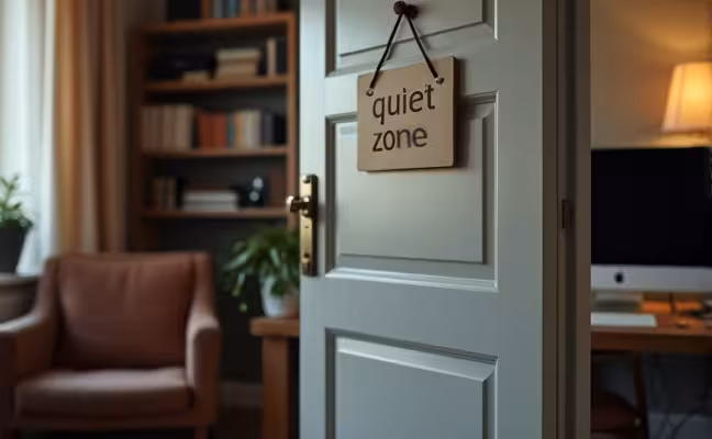 A serene and quiet room in a house, perhaps a study or home office, with soft lighting, a comfortable chair, a bookshelf, and a 'Quiet Zone' sign hung on the door. The room is devoid of electronic devices like TV or music system, emphasizing the concept of designated quiet zones