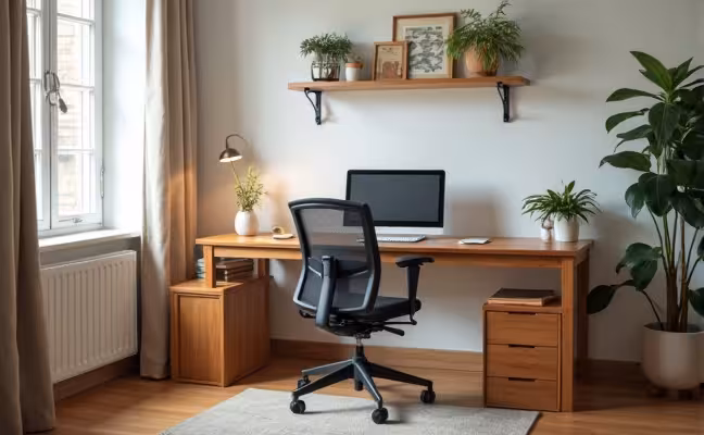 A cozy home office setup in a dedicated corner of a living room, highlighting a sturdy wooden desk at the right height, a comfortable ergonomic chair, and a laptop. The desk is positioned near a window, allowing plenty of natural light to flood the workspace. The area is neatly organized with a minimalist desk organizer, a small filing cabinet, and a couple of wall-mounted shelves