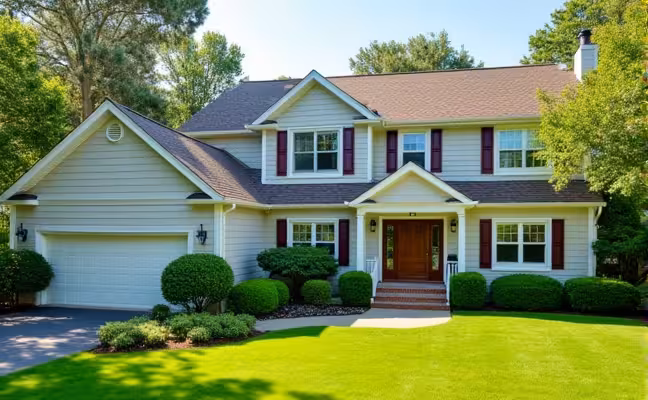 A comprehensive image of a well-maintained home's exterior with an emphasis on the roof, gutters, windows, and doors. The roof should show no signs of damage or missing shingles. The gutters should appear clean and firmly attached to the house, with a visible slope leading away from the foundation. The windows and doors should appear well-sealed and draft-free. The house's paint and siding should appear undamaged and fresh. The yard should be neatly mowed, with trimmed trees and shrubs