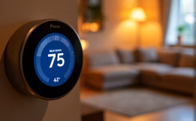 An image of a smart thermostat with a display showing energy usage reports, set against a background of a cozy, well-lit living room, reflecting the energy-efficient nature of the device
