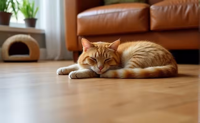 A living room scene showcasing resilient flooring materials like bamboo, with a leather couch in the background bearing the same color as a peacefully sleeping cat. In the corner, there's a pet zone featuring a cozy bed and scratching post