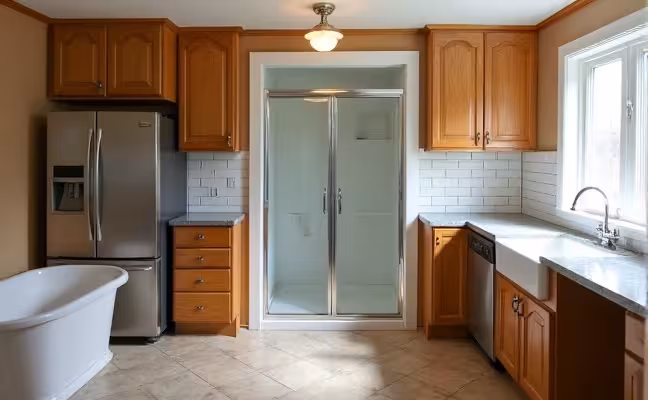 A scene inside a vintage kitchen undergoing renovation, showcasing new sleek cabinetry being installed alongside original woodwork, with modern appliances such as a stainless steel refrigerator and dishwasher awaiting placement. A glimpse of the bathroom can be seen in the background, featuring a walk-in shower with glass doors and a modern freestanding bathtub, while still retaining the vintage tile work