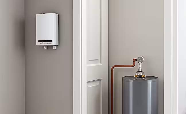An image of a compact tankless water heater mounted on an interior wall, next to a closet, displaying a clear contrast in size with a traditional water heater placed nearby on the floor, highlighting the space-saving aspect of the tankless heater