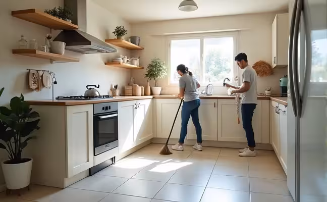 An image of a spotlessly clean kitchen, with a person sweeping the floor, another person dusting off the shelves and a third person fixing a leaky faucet. The doors and windows are properly sealed, and there are no visible cracks or holes in the walls. Overlooked areas like behind the fridge and inside the cabinets are shown being cleaned, emphasizing the importance of regular cleaning and maintenance in preventing pest invasions