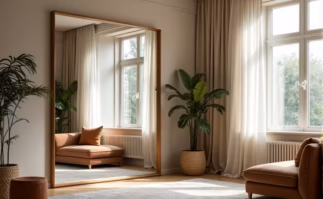A stylish living room with a large rectangular mirror placed opposite a window, reflecting natural sunlight and a cozy seating area, enhancing the sense of space and light in the room