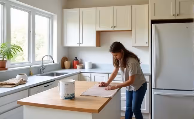 A modern, clean, and vibrant kitchen with freshly refinished wooden cabinets painted in a soft white color, a person is seen sanding down one of the cabinets with sandpaper, and various painting supplies like paint cans and brushes are visible on the kitchen counter