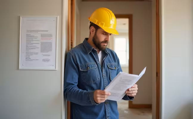 A realistic image of a licensed professional in the middle of a major home renovation, wearing a hard hat and consulting a building code book, with a visible city permit attached to a nearby wall