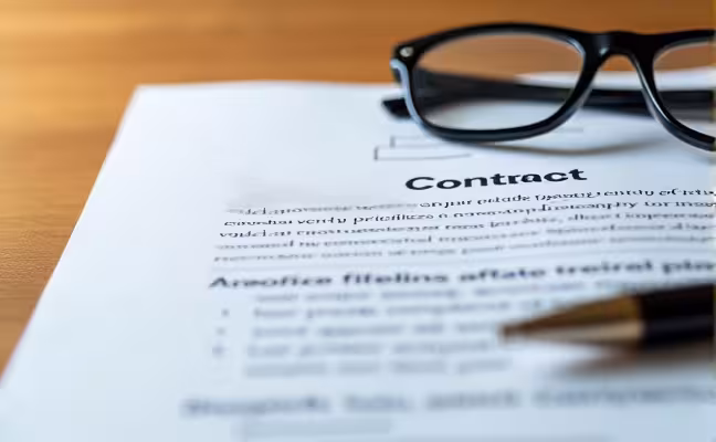 A detailed contract placed on a wooden table, with specific elements like project scope, budget, timeline highlighted. A pen and a pair of glasses rest on the document, indicating a careful review. This image represents the importance of clear and detailed contracts in collaboration