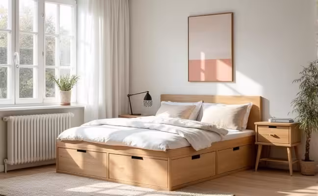 A clutter-free, Scandinavian style bedroom with an emphasis on functionality and storage. The room is bathed in soft, natural light from a large window. The bed, crafted from light wood, features built-in under-bed storage. A simple, pastel artwork hangs above the bed, complementing the light-colored walls and bedding. A cozy rug under the bed adds a touch of warmth and comfort